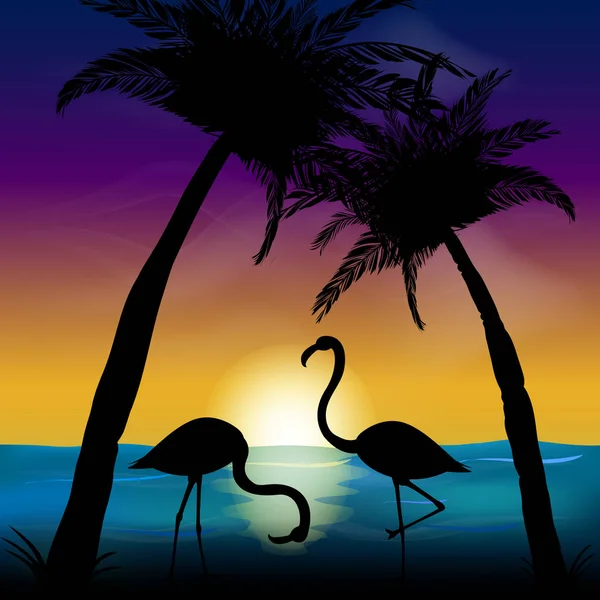 Dvě siluety plameňáků na pozadí moře a západ slunce. Ocean krajina s palmami. Vektorové ilustrace — Stockový vektor