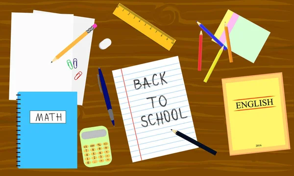 Okula dönüş - okul donanımları içeren tablo. Kitap, kalem, hesap makinesi, ahşap masa üzerinde kalem. Vektör çizim