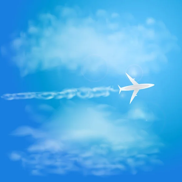 White plane flying with trail in blue sky with clouds. Vector illustration — Stock Vector
