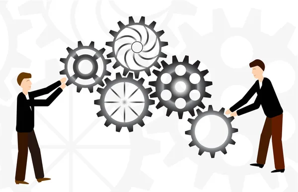 Business teamwork with mechanism system. Cooperation concept. Two man with gears. Vector illustration