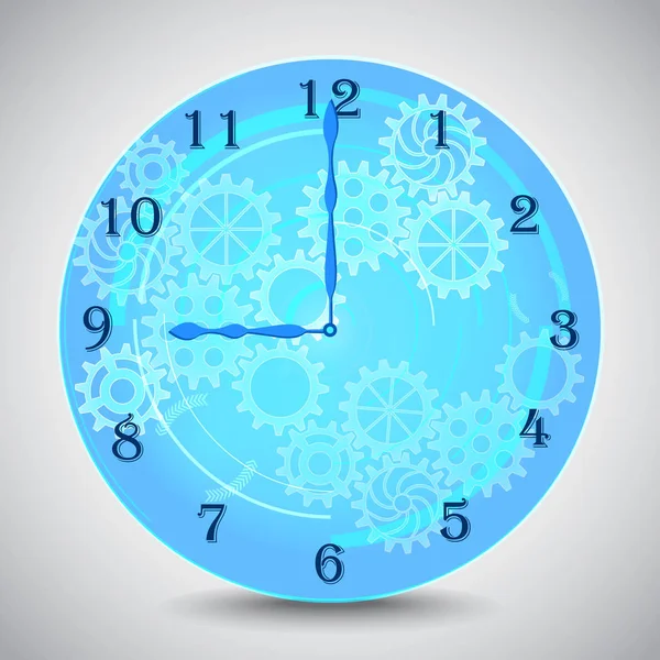 Reloj mecánico azul con engranajes sobre fondo gris. Ilustración vectorial — Vector de stock