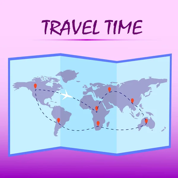 Время в пути. Складная карта мира с маршрутом на розовом фоне. Векторная иллюстрация — стоковый вектор