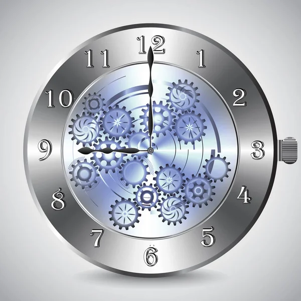 Kovové mechanické hodiny s koly na šedém pozadí. Vektorové ilustrace — Stockový vektor