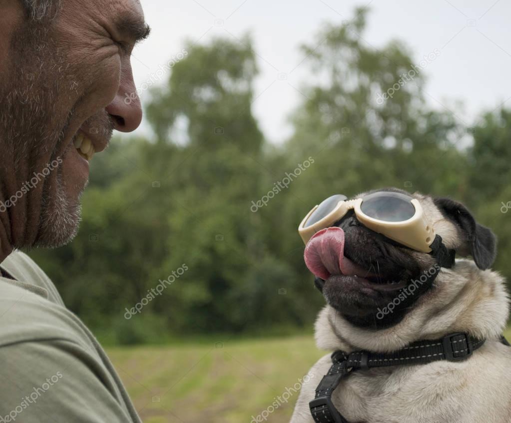 man, adult male, having fun with pug puppy dog wearing dog goggles