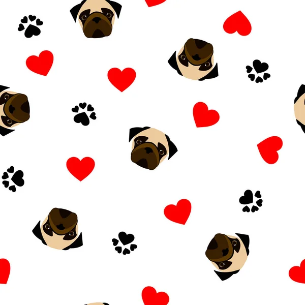 şirin seamless modeli ile pug köpek, pençe baskı ve kırmızı kalp, şeffaf arka plan