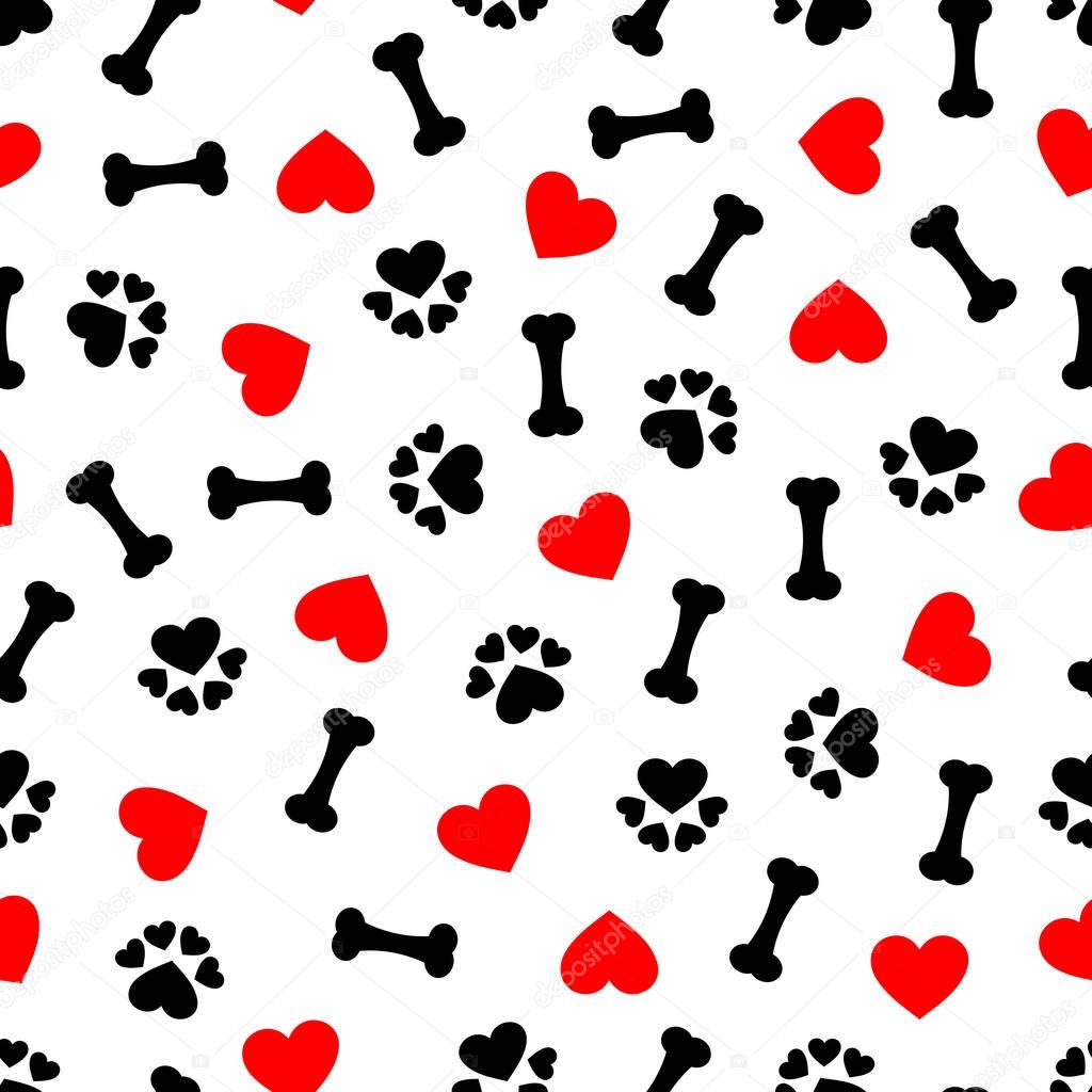 cute seamless pattern with dog bone, paw print and red heart