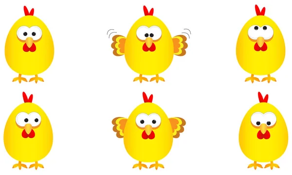 Collection de six poulets de Pâques jaune drôle mignon avec plusieurs expressions, illustration vectorielle — Image vectorielle