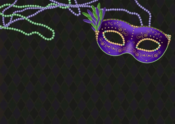 Mardi gras, fat tuesday theme background, with green and purple mask and bead necklaces, copyspace — Stock Photo, Image