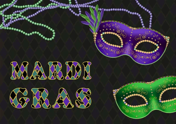 Mardi gras, fat tuesday theme background, with green and purple masks, bead necklaces and text