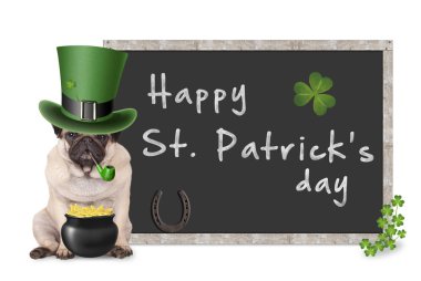 tatlı pug köpek yavrusu köpek St patrick's day yasaktır boru, yanındaki boş yazı tahtası işaretini at nalı ve yonca, beyaz zemin üzerine oturan cüce şapkalı