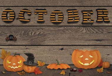 komik halloween pumpkins mektupları Ekim ile ahşap arka plan ışık ile