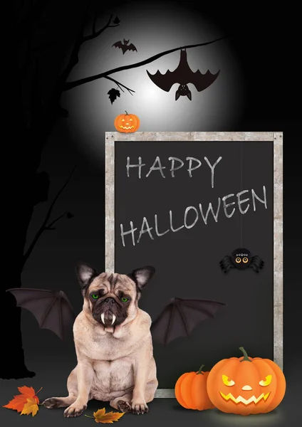 pug dog dressed up as bat, with pumpkins and blackboard sign with text happy halloween, on scary background