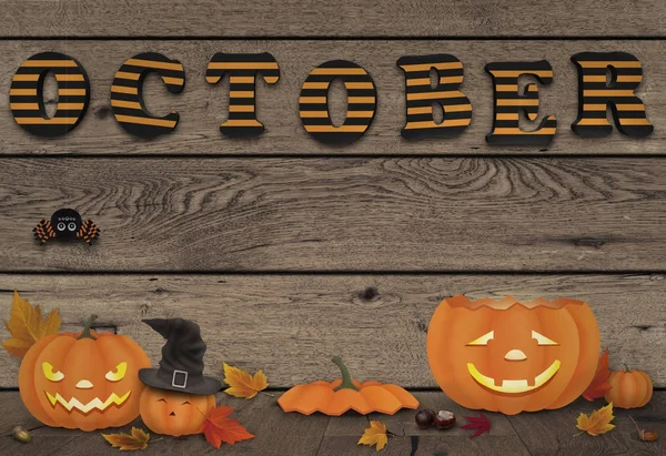 komik halloween pumpkins mektupları Ekim ile ahşap arka plan ışık ile