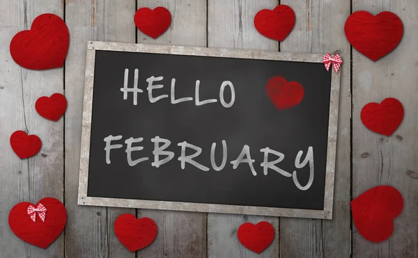 Blackboard Words Hello February Surrounded Red Hearts Vintage Wooden Background — Stock Photo, Image