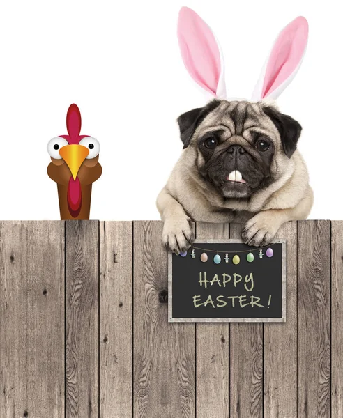 Lovely Pug Dog Easter Bunny Ears Diadem Chicken Sign Saying — Stock Photo, Image