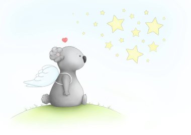 Sevimli el, üzgün koala çizimi, melek kanatları takarak oturmak, yıldızlara bakmak, sevdiklerini kaybetmek, beyaz arka planda.