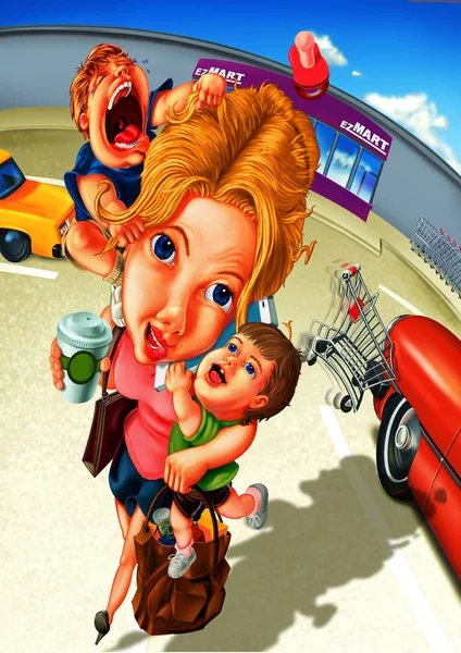 Mãe ocupada Compras com crianças — Fotografia de Stock