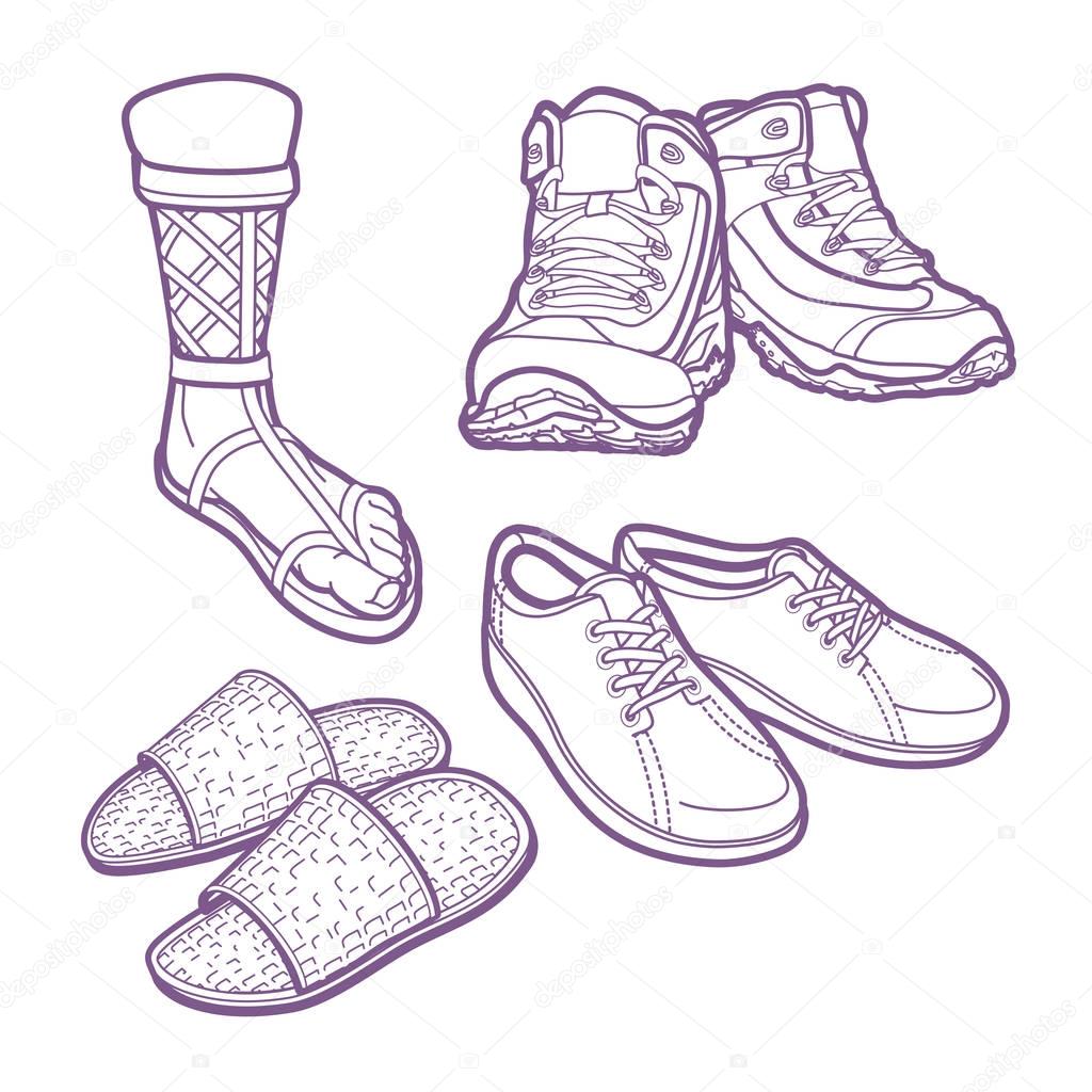 Men's shoe fashions, Greek sandles, hiking shoes, slippers and desert shoes.