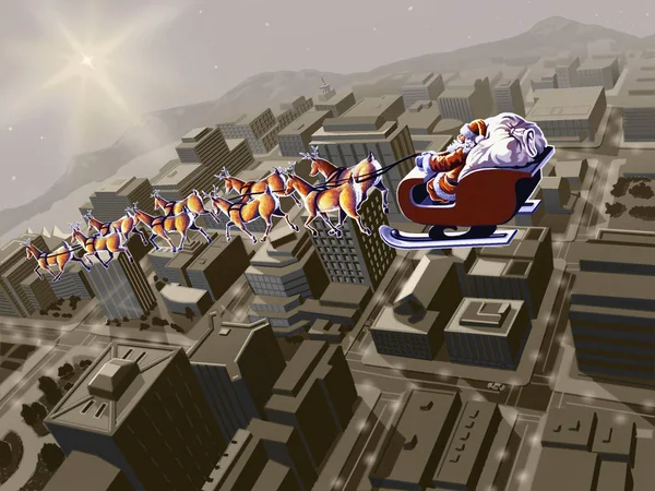 Van de Kerstman boven de stad — Stockfoto