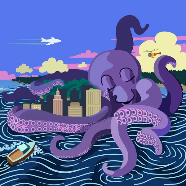 Giant Octopus Hugging City — Stock Vector