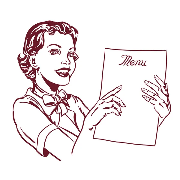 Waitress Displays Menu — Stock Vector