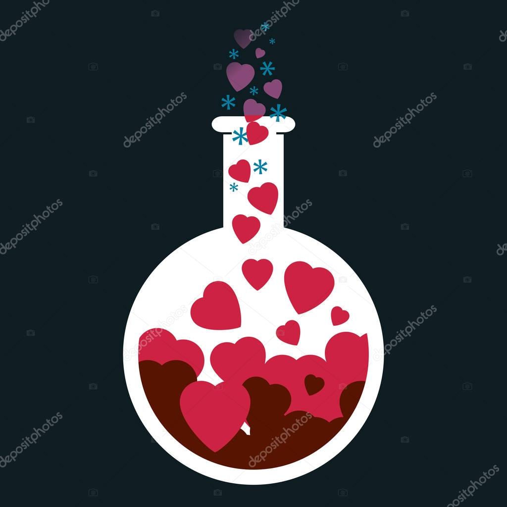 Laboratory bottle with hearts brewing  inside. With heats & sparkles rising from the top of the bottle.
