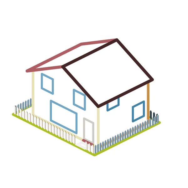 Eenvoudig Isometrisch Huis Met Tuin Hekwerk — Stockvector