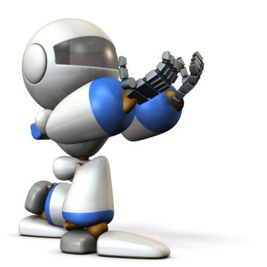 Sevimli robot diz çökmüş bir şey alıyor.