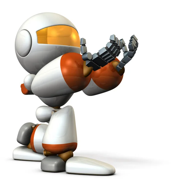 Cute robot kneeling is receiving something. — Stock Photo, Image