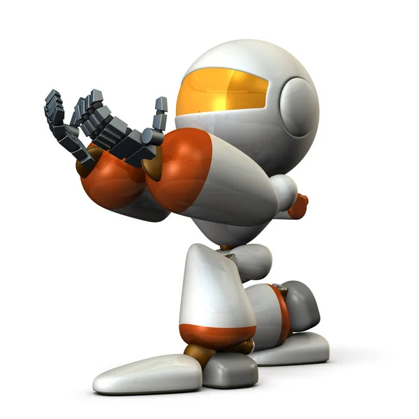 Cute robot kneeling is receiving something. — Stock Photo, Image
