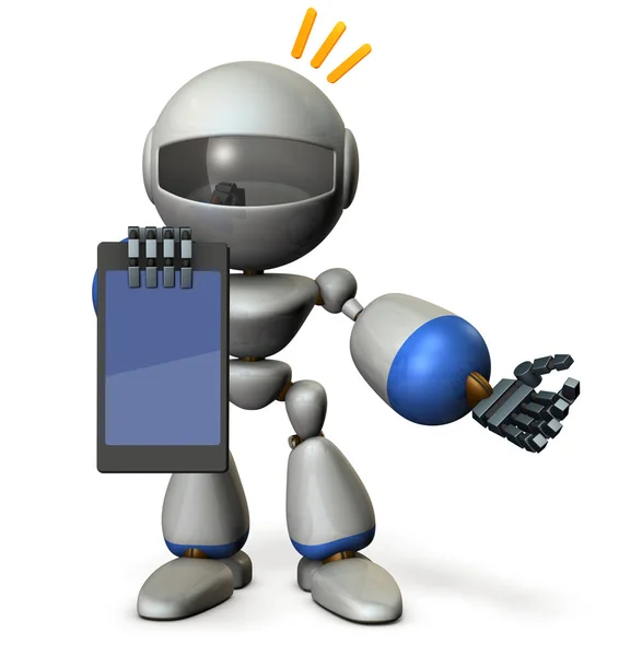 A cute robot presents information on the tablet PC. — Stock Photo, Image