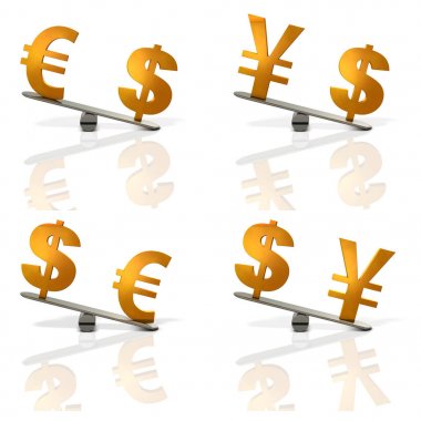 Euro, Japon yeni, Doları oranları gösteren soyut 3dcg çizim.