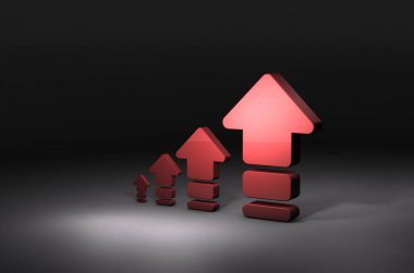 4 ok giderek artıyor. Karanlık arka plan. 3d illüstrasyon.