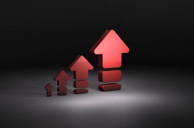 4 ok giderek artıyor. Karanlık arka plan. 3d illüstrasyon.