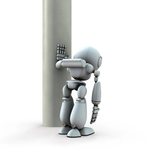 Een kunstmatige intelligentie robot die leunt op pilaren. Hij is binnen. — Stockfoto
