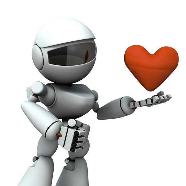 一个人工智能机器人，手握心脏。白色百家乐 — 图库照片