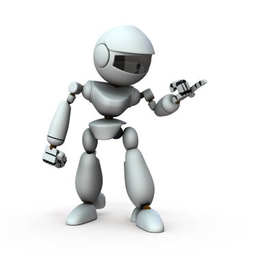 Bir yapay zeka robotu birini işaret ediyor. O suçluyor. Beyaz arka plan. 3B illüstrasyon.
