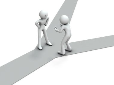Çatal başında kavga eden iki kişi. Bu, yapmak zorunda oldukları seçimlerdeki farklılıklar yüzündendir. Beyaz arka plan. 3B illüstrasyon.