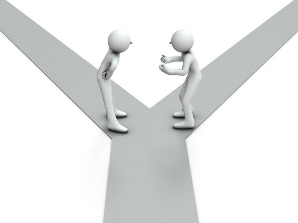 Two people quarreling at a fork. That's because of the differences in the choices they have to make. White background. 3D illustration.