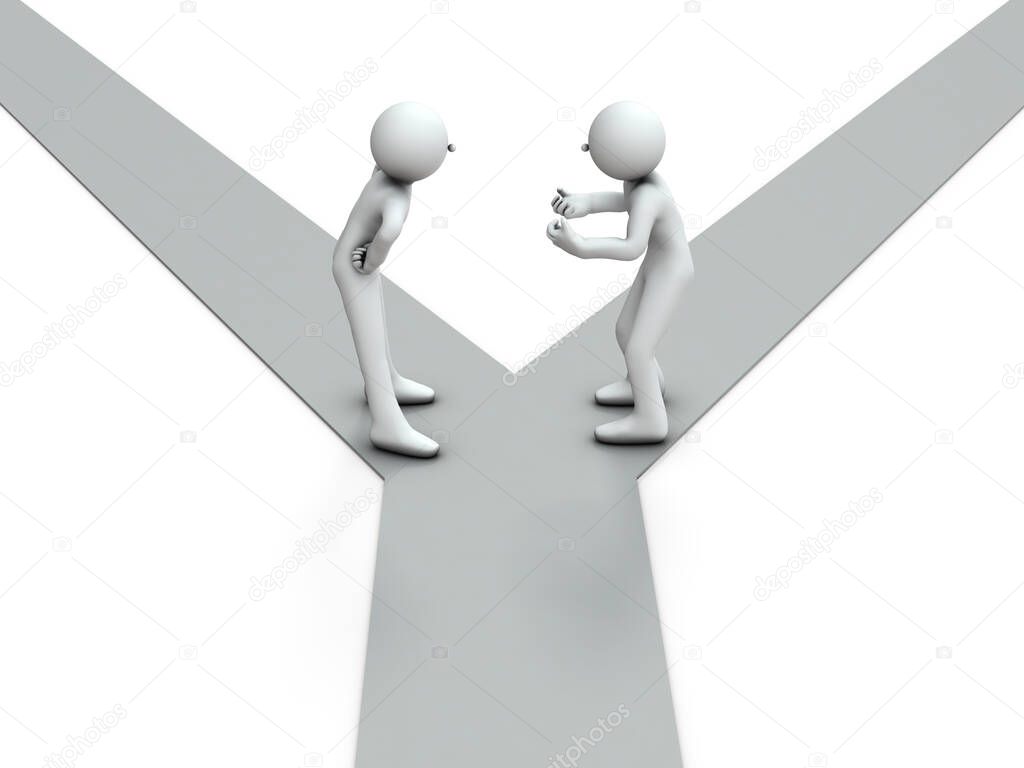 Two people quarreling at a fork. That's because of the differences in the choices they have to make. White background. 3D illustration.