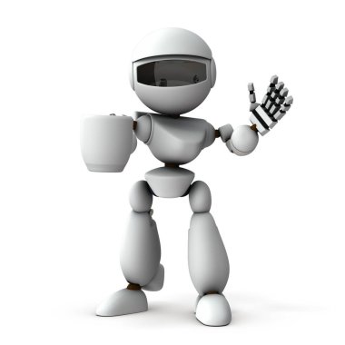 Yapay zeka robotu kahveyi tek eliyle karşılar. Beyaz arka plan. 3B illüstrasyon.