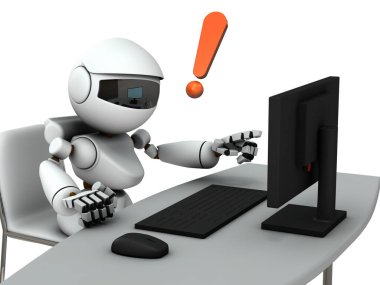 Kişisel bilgisayarın önünde çalışan yapay zeka robotu. O, kolaylığa şaşırdı. Uzaktan kumanda. Beyaz arka plan. 3B illüstrasyon.