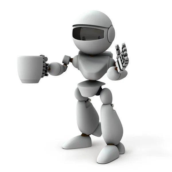 Yapay zeka robotu kahveyi tek eliyle karşılar. Beyaz arka plan. 3B illüstrasyon.