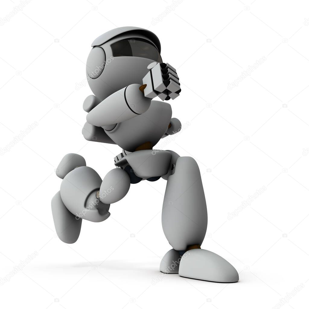An artificial intelligence robot that escapes from danger. It looks timid. White background. 3D illustration.