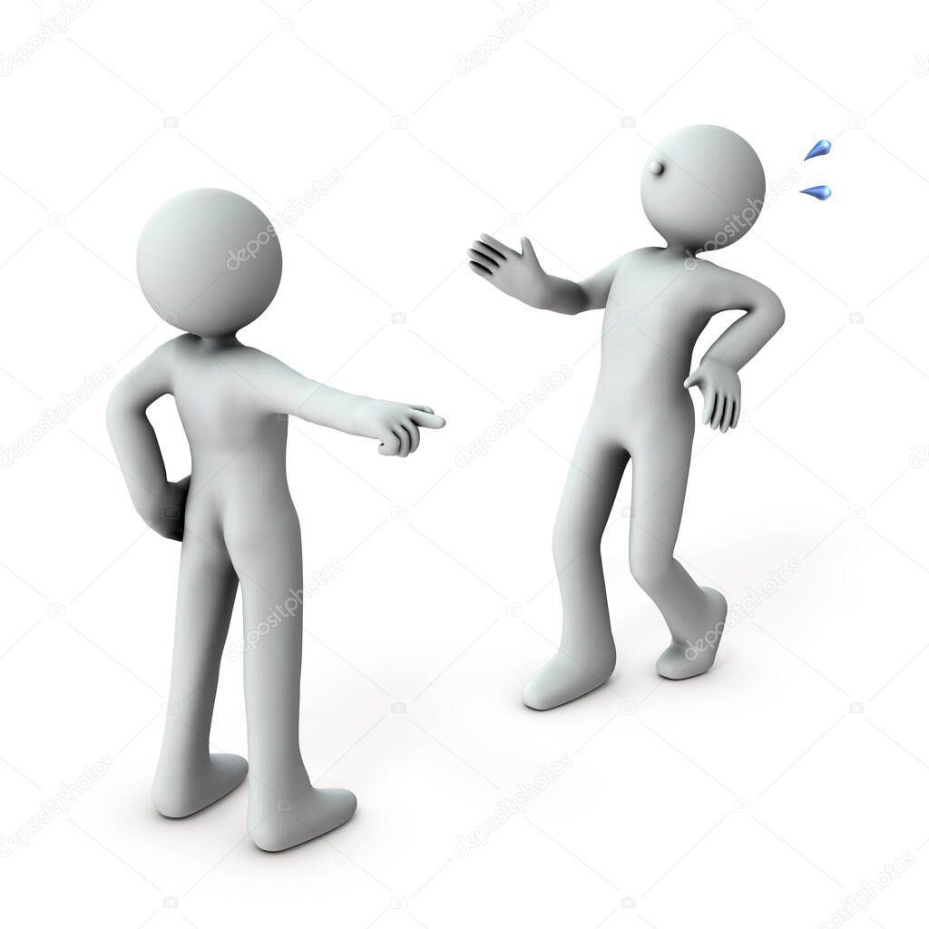 Two characters. One person orders his head to leave. The other is surprised. White background. 3D illustration.