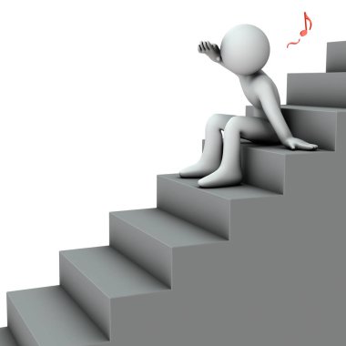 Merdivenlere giderken manzaraya tepeden bakan bir karakter. Geçmişi özlüyor. Beyaz arka plan. 3B illüstrasyon.