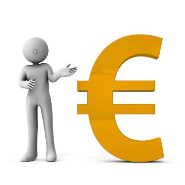 Avrupa para birimi sembolü ve yanındaki karakter. Yatırımcının temsilcisi. Beyaz arka plan. 3B illüstrasyon.