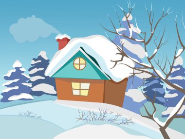 Kış manzarası. Evin baca ile. 