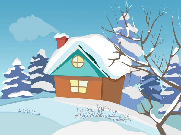 Winterlandschap. Het huis met een schoorsteen. — Stockvector