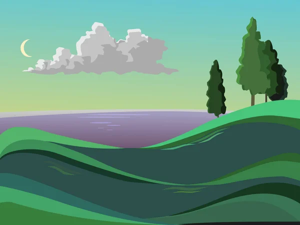 Paysage estival. La mer, les prairies et les arbres . — Image vectorielle